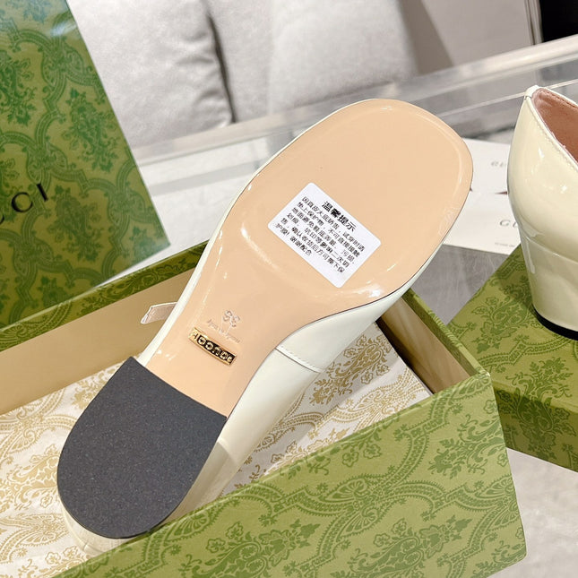 HORSEBIT MARY JANE HEEL IN WHITE CALFSKIN GOLD HARDWARE