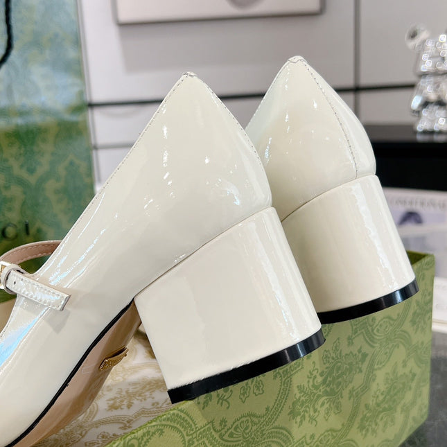 HORSEBIT MARY JANE HEEL IN WHITE CALFSKIN GOLD HARDWARE