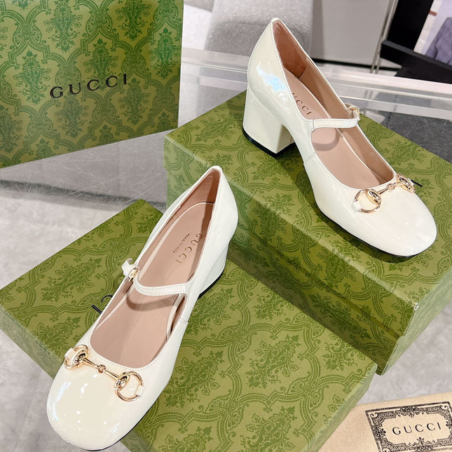 HORSEBIT MARY JANE HEEL IN WHITE CALFSKIN GOLD HARDWARE