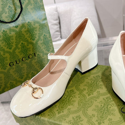 HORSEBIT MARY JANE HEEL IN WHITE CALFSKIN GOLD HARDWARE