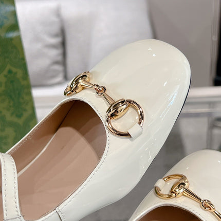 HORSEBIT MARY JANE HEEL IN WHITE CALFSKIN GOLD HARDWARE