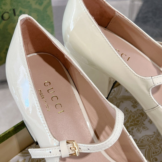 HORSEBIT MARY JANE HEEL IN WHITE CALFSKIN GOLD HARDWARE