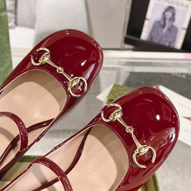 HORSEBIT MARY JANE HEEL IN CRIMSON RED CALFSKIN GOLD HARDWARE