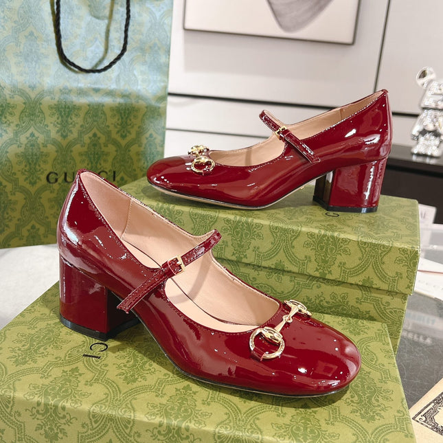 HORSEBIT MARY JANE HEEL IN CRIMSON RED CALFSKIN GOLD HARDWARE