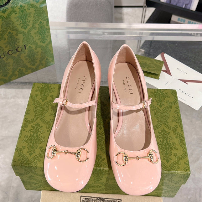 HORSEBIT MARY JANE HEEL IN LIGHT PINK CALFSKIN GOLD HARDWARE