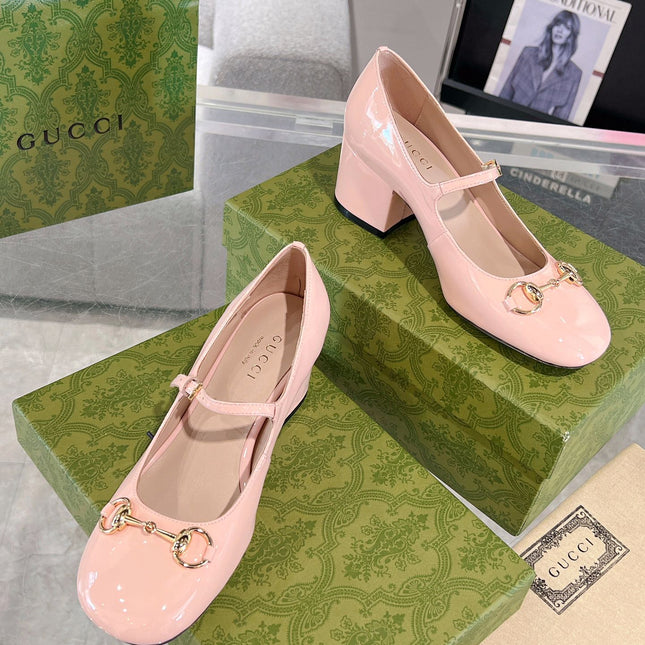 HORSEBIT MARY JANE HEEL IN LIGHT PINK CALFSKIN GOLD HARDWARE