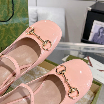 HORSEBIT MARY JANE HEEL IN LIGHT PINK CALFSKIN GOLD HARDWARE