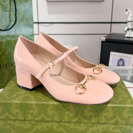 HORSEBIT MARY JANE HEEL IN LIGHT PINK CALFSKIN GOLD HARDWARE