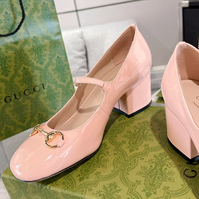 HORSEBIT MARY JANE HEEL IN LIGHT PINK CALFSKIN GOLD HARDWARE