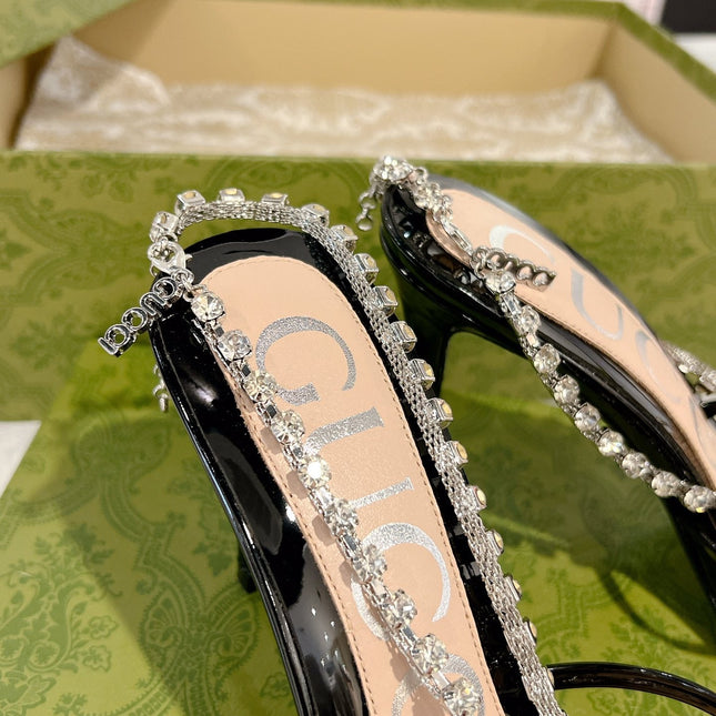 STRAPPY SANDAL WITH RHINESTONE CHAIN IN BLACK PATENT LEATHER