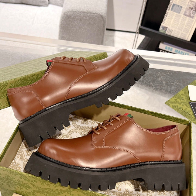 GG LACE-UP LOAFER WITH WEB IN CARAMEL BROWN SHINY LEATHER