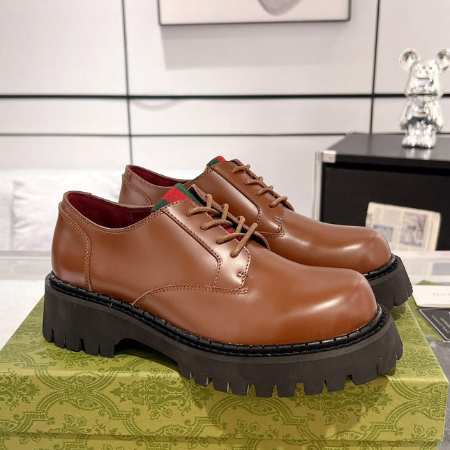 GG LACE-UP LOAFER WITH WEB IN CARAMEL BROWN SHINY LEATHER