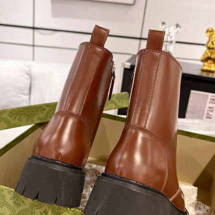 GG WEB ANKLE BOOTS IN CINNAMON BROWN CALFSKIN