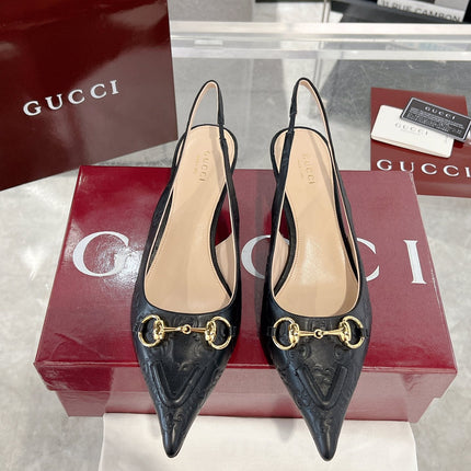 GG MID-HIGH SLINGBACK 4.5 CM IN BLACK GLOSSY EMBOSSED SUEDE AND SHEEPSKIN LINING