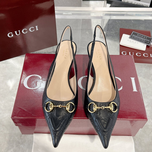GG MID-HIGH SLINGBACK 4.5 CM IN BLACK GLOSSY EMBOSSED SUEDE AND SHEEPSKIN LINING