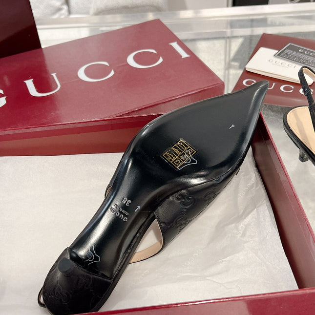GG MID-HIGH SLINGBACK 4.5 CM IN BLACK GLOSSY EMBOSSED SUEDE AND SHEEPSKIN LINING