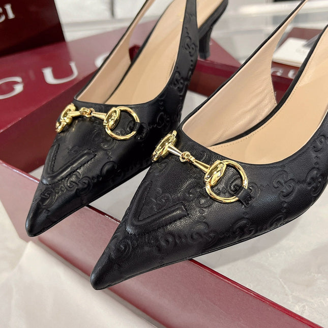 GG MID-HIGH SLINGBACK 4.5 CM IN BLACK GLOSSY EMBOSSED SUEDE AND SHEEPSKIN LINING