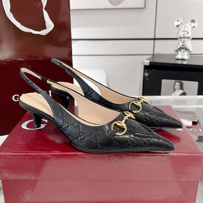 GG MID-HIGH SLINGBACK 4.5 CM IN BLACK GLOSSY EMBOSSED SUEDE AND SHEEPSKIN LINING