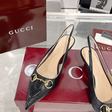 GG MID-HIGH SLINGBACK 4.5 CM IN BLACK GLOSSY EMBOSSED SUEDE AND SHEEPSKIN LINING