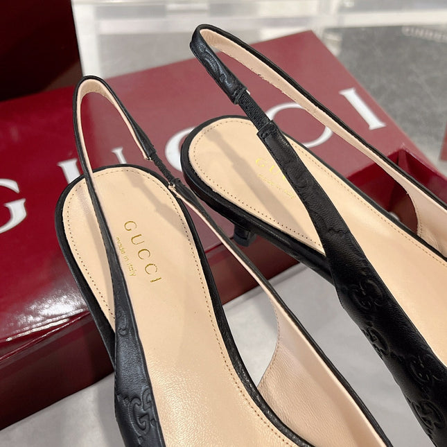 GG MID-HIGH SLINGBACK 4.5 CM IN BLACK GLOSSY EMBOSSED SUEDE AND SHEEPSKIN LINING