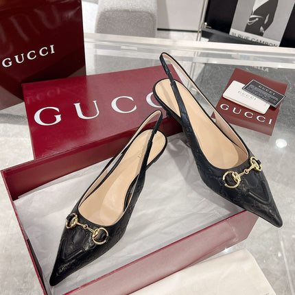 GG MID-HIGH SLINGBACK 4.5 CM IN BLACK GLOSSY EMBOSSED SUEDE AND SHEEPSKIN LINING
