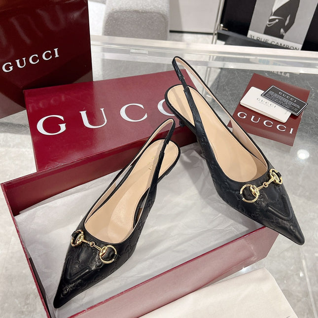 GG MID-HIGH SLINGBACK 4.5 CM IN BLACK GLOSSY EMBOSSED SUEDE AND SHEEPSKIN LINING