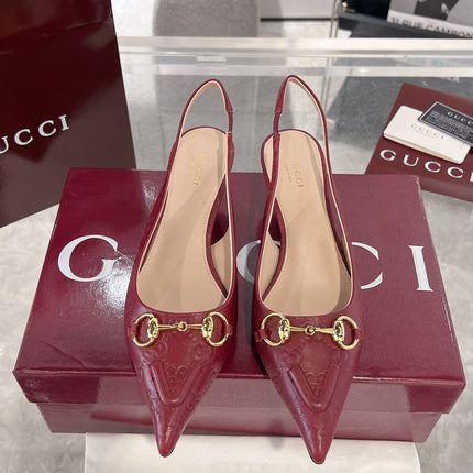 GG MID-HIGH SLINGBACK 4.5 CM IN WINE RED GLOSSY EMBOSSED SUEDE AND SHEEPSKIN LINING