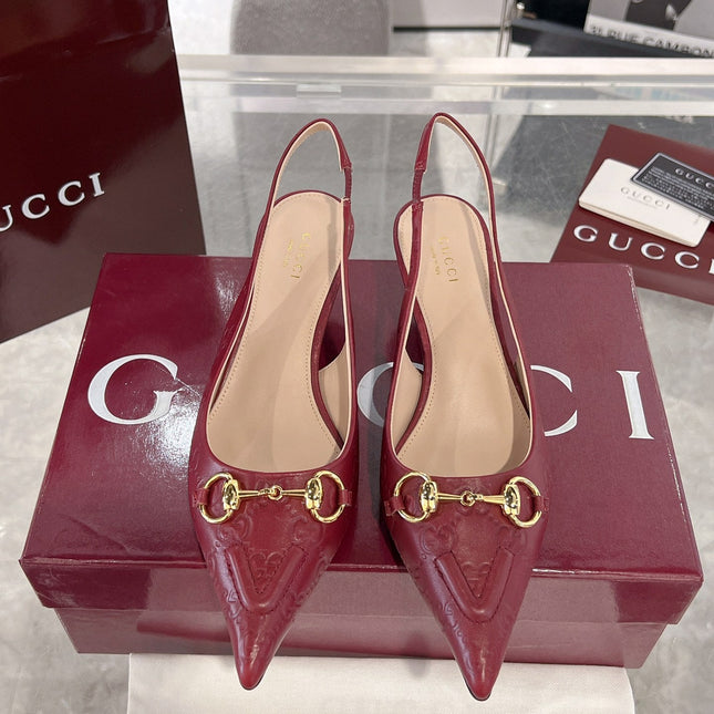 GG MID-HIGH SLINGBACK 4.5 CM IN WINE RED GLOSSY EMBOSSED SUEDE AND SHEEPSKIN LINING