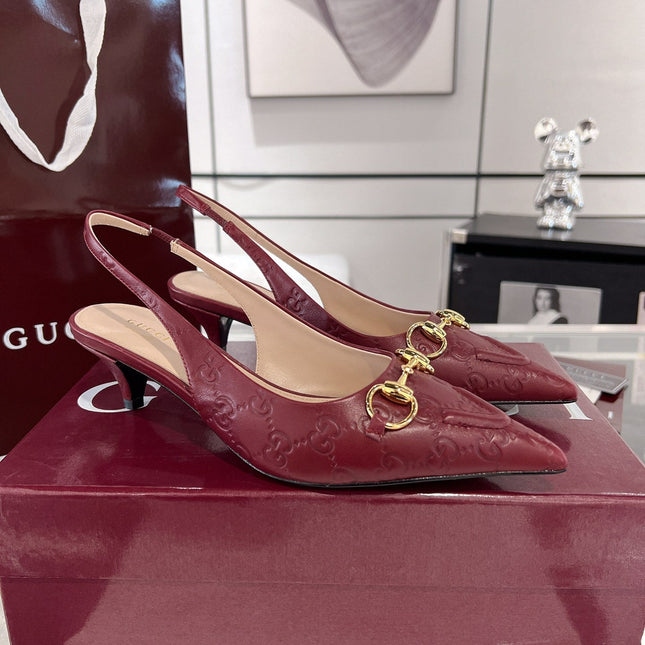 GG MID-HIGH SLINGBACK 4.5 CM IN WINE RED GLOSSY EMBOSSED SUEDE AND SHEEPSKIN LINING