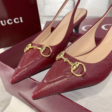 GG MID-HIGH SLINGBACK 4.5 CM IN WINE RED GLOSSY EMBOSSED SUEDE AND SHEEPSKIN LINING