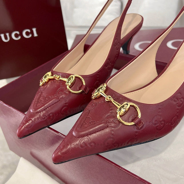 GG MID-HIGH SLINGBACK 4.5 CM IN WINE RED GLOSSY EMBOSSED SUEDE AND SHEEPSKIN LINING