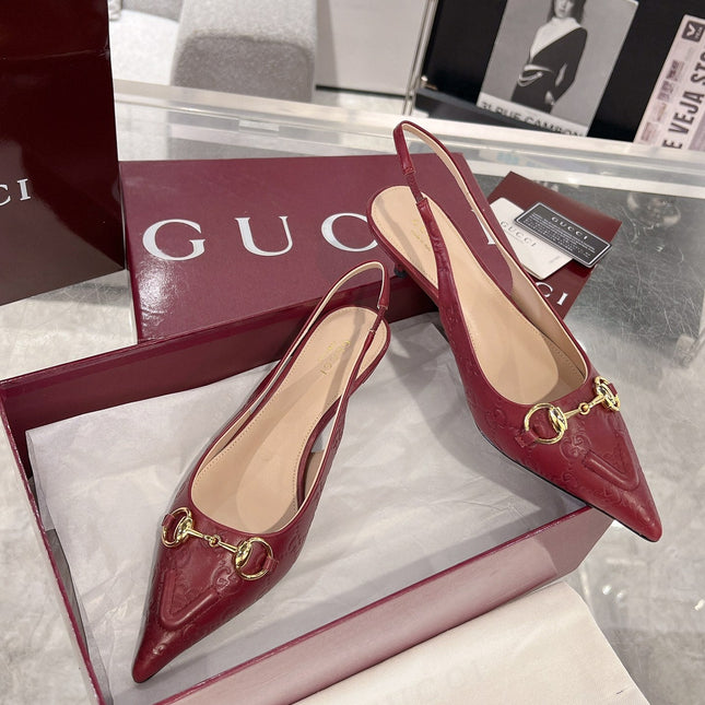 GG MID-HIGH SLINGBACK 4.5 CM IN WINE RED GLOSSY EMBOSSED SUEDE AND SHEEPSKIN LINING