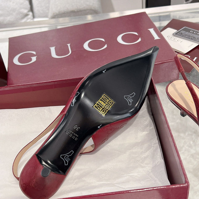 GG MID-HIGH SLINGBACK 4.5 CM IN WINE RED GLOSSY EMBOSSED SUEDE AND SHEEPSKIN LINING