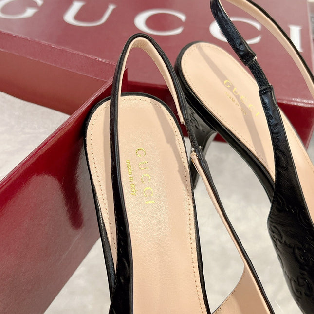 GG HIGH SLINGBACK 10.5 CM IN BLACK GLOSSY EMBOSSED SUEDE AND SHEEPSKIN LINING