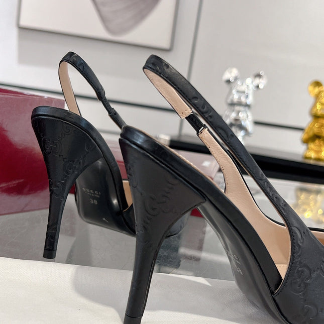 GG HIGH SLINGBACK 10.5 CM IN BLACK GLOSSY EMBOSSED SUEDE AND SHEEPSKIN LINING