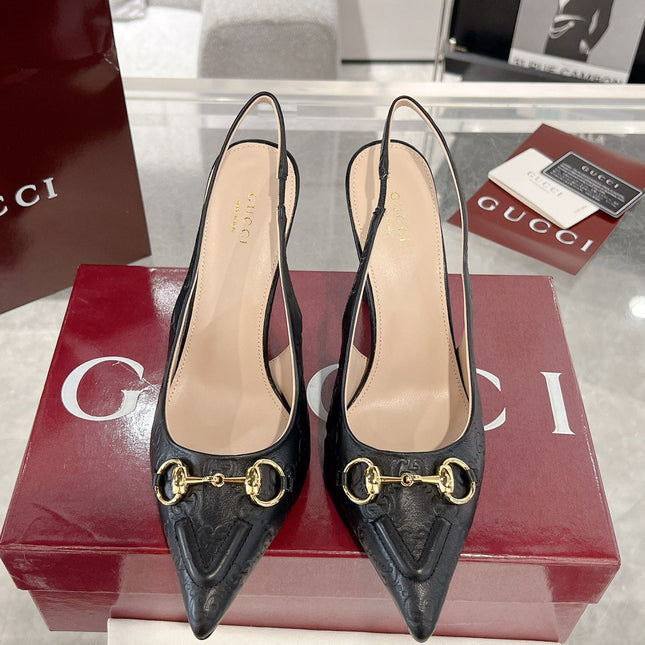 GG HIGH SLINGBACK 10.5 CM IN BLACK GLOSSY EMBOSSED SUEDE AND SHEEPSKIN LINING
