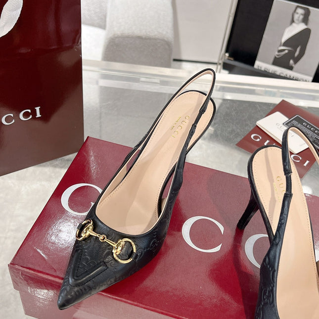 GG HIGH SLINGBACK 10.5 CM IN BLACK GLOSSY EMBOSSED SUEDE AND SHEEPSKIN LINING
