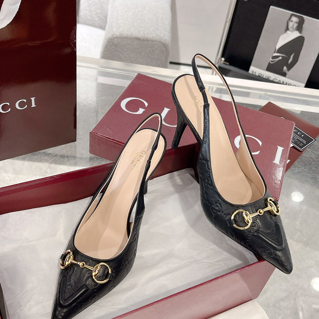 GG HIGH SLINGBACK 10.5 CM IN BLACK GLOSSY EMBOSSED SUEDE AND SHEEPSKIN LINING