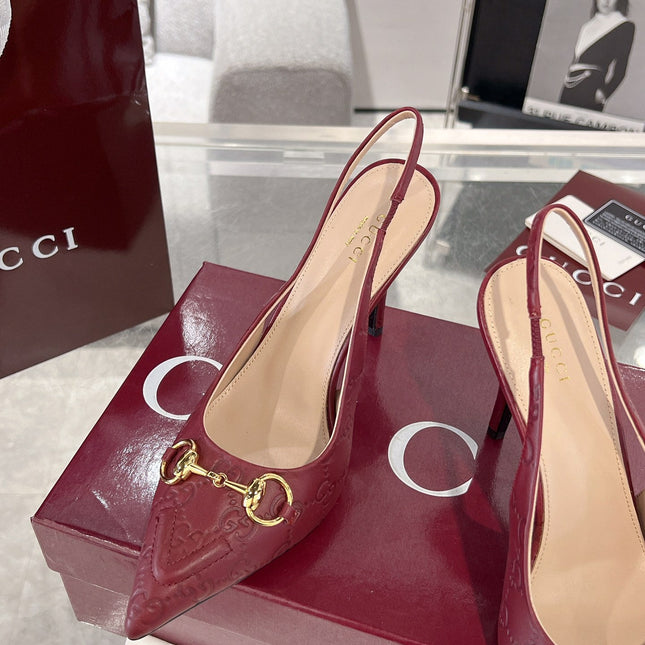 GG HIGH SLINGBACK 10.5 CM IN WINE RED GLOSSY EMBOSSED SUEDE AND SHEEPSKIN LINING
