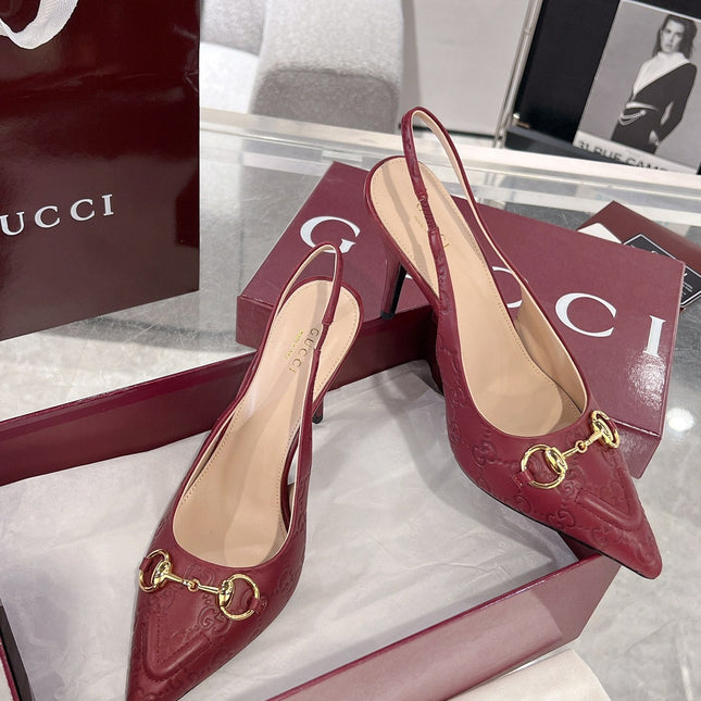 GG HIGH SLINGBACK 10.5 CM IN WINE RED GLOSSY EMBOSSED SUEDE AND SHEEPSKIN LINING