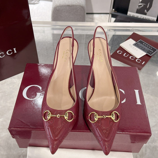 GG HIGH SLINGBACK 10.5 CM IN WINE RED GLOSSY EMBOSSED SUEDE AND SHEEPSKIN LINING