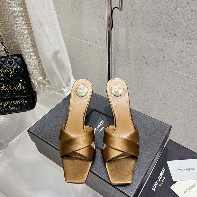 OPYUM HIGH MULES 85 MM IN METALLIC GOLD SATIN CREPE