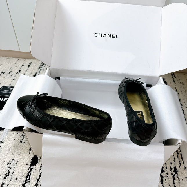 BALLET FLATS BOW IN BLACK CALFSKIN QUILTED