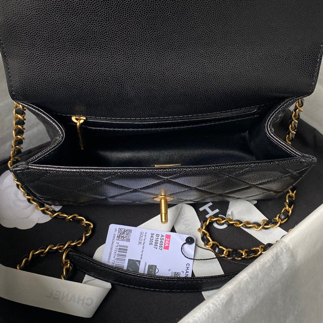 CHANEL 25S FLAP BAG 21 CM IN BLACK GRAINED LAMBSKIN WITH TOP HANDLE