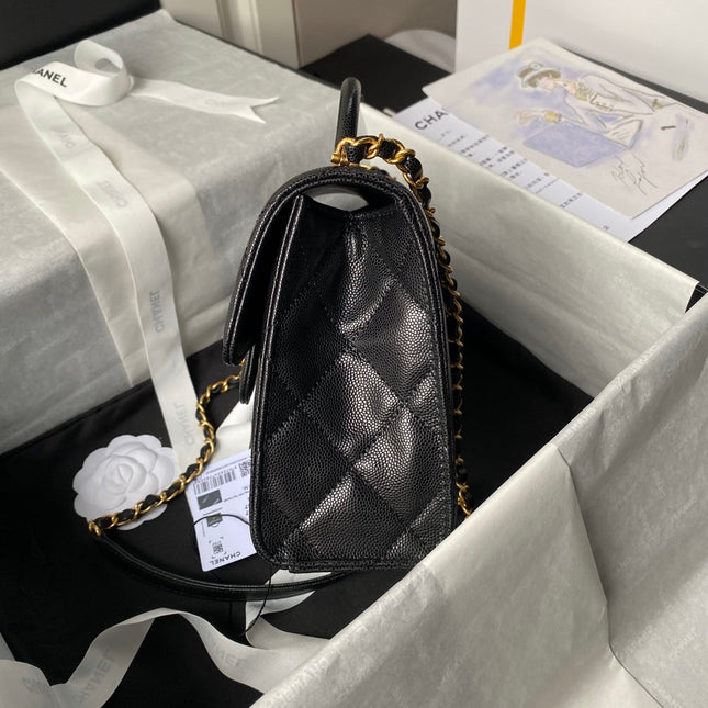 CHANEL 25S FLAP BAG 21 CM IN BLACK GRAINED LAMBSKIN WITH TOP HANDLE