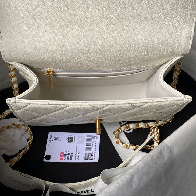 CHANEL 25S FLAP BAG 21 CM IN CREAM WHITE GRAINED LAMBSKIN WITH TOP HANDLE