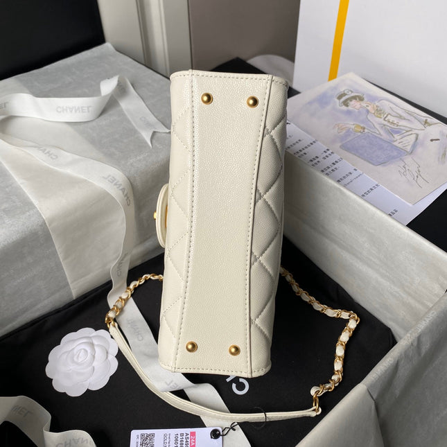 CHANEL 25S FLAP BAG 21 CM IN CREAM WHITE GRAINED LAMBSKIN WITH TOP HANDLE