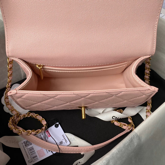 CHANEL 25S FLAP BAG 21 CM IN LIGHT PINK GRAINED LAMBSKIN WITH TOP HANDLE