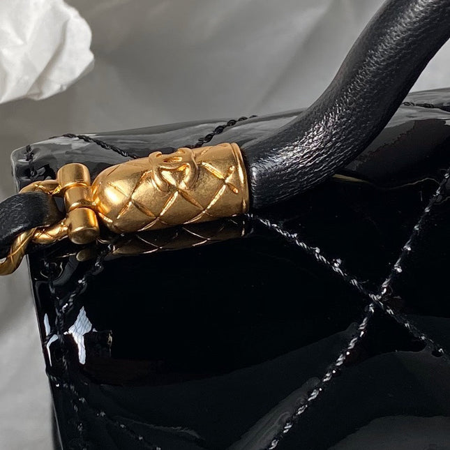 CHANEL 25S FLAP BAG 18 CM IN BLACK PATENT LAMBSKIN WITH TOP HANDLE