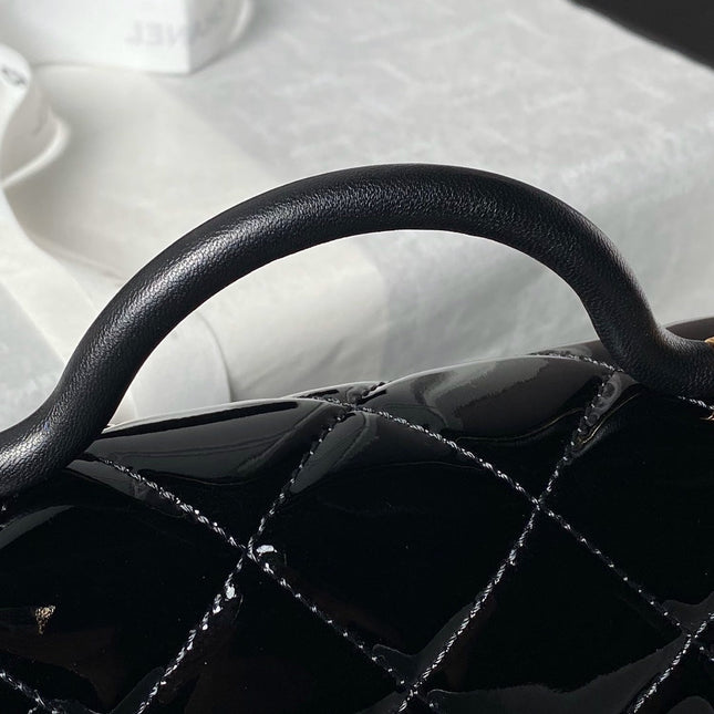 CHANEL 25S FLAP BAG 21 CM IN BLACK PATENT LAMBSKIN WITH TOP HANDLE